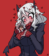 drawing white_hair blushing horns color clothed handheld anime demon succubus demoness shrunken_man dangle sweater monster_girl looking_at_tiny cheng_anderson helltaker modeus_(helltaker)