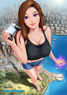 drawing giantess city mega color large_breasts destruction barefoot cleavage brunette purple_eyes witch giorunog sydney looking_at_viewer australia controller foot_prints kiyomi daichi777