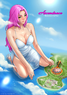 breasts drawing giantess giga city color large_breasts long_hair clothed barefoot cleavage water ocean buildings wet green_eyes high_angle smiling island pink_hair kneeling volcano looking_down clouds looking_up outdoors sky cooking giorunog aerial_view looking_at_viewer squid bare_legs kraken daichi777 yui ascendance