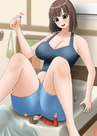 drawing color cleavage bed butt_crush huge_breasts brunette yellow_eyes mini_giantess shrunken_man indoors looking_at_tiny オレンジ orenji