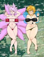 bikini drawing giantess giga tail wings blonde color destruction barefoot red_eyes huge_breasts brown_eyes pink_hair lying_down giantesses looking_up fox_girl looking_at_viewer pointed_ears bee_girl antennae dakunart