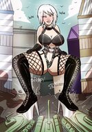 drawing giantess white_hair blushing city color large_breasts cleavage high_heels tank pink_eyes collar looking_down cracked_pavement lewdribbon