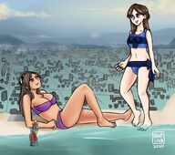 bikini drawing gentle giantess city mega color blue_eyes beach barefoot cleavage brunette brown_eyes lying_down giantesses ferris_wheel velvet-lily