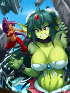 drawing giantess color large_breasts long_hair destruction cleavage water red_eyes blue_hair mermaid navel video_game outdoors chains green_skin shantae giga_mermaid jmg bare_midriff shantae_half-genie_hero
