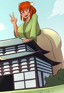 drawing giantess color huge_breasts purple_eyes orange_hair leaning_on_building caiman2