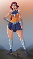 breasts giantess mega armor blue_eyes skirt giganta red_hair ponytail boots collar dark_skin costume superman wonder_woman cape earrings bracelet tiara hands_on_hips looking_at_tiny dc_comics fusion nikoalecsovich