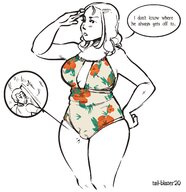 drawing blushing monochrome cleavage shrunken_man inside_clothing dialogue no_background tailblazerart