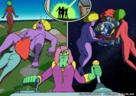drawing giantess earth giga alien destruction planet licking breast_crush blue_skin giantesses oral_sex purple_skin sharp_teeth red_skin green_skin antennae between_breasts alternate_dimensions