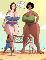 drawing giantess black_hair color long_hair beach cleavage huge_breasts brunette volleyball giantesses dark_skin outdoors thick_thighs bare_midriff caiman2
