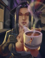 drawing black_hair color large_breasts long_hair clothed cleavage smiling smoking shrunken_woman outdoors pipe kononiko