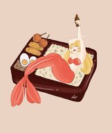 drawing blonde color long_hair mermaid sitting shrunken_woman food drinking no_background nyu_kinks