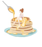 drawing color smiling sitting spoon shrunken_woman plate closed_eyes pancakes no_background syrup bare_midriff nyu_kinks