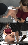 feet blonde clothed toes soles sequence high_angle insole smiling in_shoe ponytail shrunken_men sitting red_nails toe_ring nail_polish ankle_bracelet see_through panels relaxing legs_crossed shoe_insertion raised_feet looking_at_tiny digital_render bare_legs amgipi