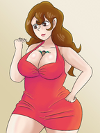 drawing color long_hair cleavage brunette shrunken_man looking_down hand_on_hips thick_thighs no_background between_breasts