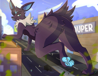 drawing giantess pokemon nude furry anthro city color butt blue_eyes barefoot buildings crawling nintendo outdoors all_fours jolteon looking_back paw_pads thick_thighs electricity bare_legs its-holt