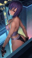 drawing giantess panties city color butt clothed cleavage gun buildings anime purple_hair red_eyes high_angle gloves weapon ghost_in_the_shell motoko_kusanagi medium_length_hair looking_back looking_at_viewer edit skimpy_clothing skintight_clothing giganticvi lasterk