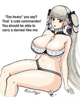 drawing white_hair color large_breasts long_hair cleavage red_eyes sitting twintails shrunken_man looking_down dialogue articalnight thick_thighs no_background azur_lane
