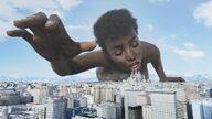 giantess nude city black_hair destruction buildings short_hair crawling looming open_mouth dark_skin smoke outdoors closed_eyes debris digital_render bigiolax