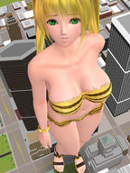 breasts giantess mega blonde swimsuit green_eyes high_angle twintails june_jukes point_of_view digital_render