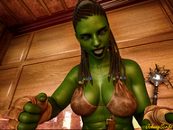 black_hair clothed low_angle smiling gloves muscles abs shrunken_man looking_down open_mouth indoors orc monster_girl braid on_table green_skin skimpy_clothing looking_at_tiny digital_render tusks orc_girl johnnyscribe cornrows