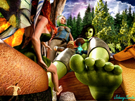 feet wings blonde black_hair long_hair clothed sword toes barefoot soles fairy low_angle multiple_sizes elf red_hair sitting shrunken_woman shrunken_man looking_down hiding outdoors orc monster_girl trees green_skin skimpy_clothing looking_at_tiny pointed_ears digital_render tusks orc_girl johnnyscribe