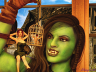 feet wings clothed toes barefoot buildings fairy brunette multiple_sizes smiling red_hair sitting shrunken_woman shrunken_man teasing cage trapped piercing caged orc monster_girl braid on_shoulder green_skin looking_at_tiny digital_render tusks orc_girl johnnyscribe
