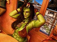 wings large_breasts fairy brunette high_angle multiple_sizes smiling red_hair sitting muscles abs shrunken_man looking_down cage indoors caged jewelry orc monster_girl braid green_skin digital_render tusks on_head human_jewelry orc_girl johnnyscribe