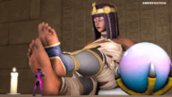 feet black_hair clothed toes barefoot bandages soles egyptian smiling foot_worship sitting street_fighter animation medium_length_hair dark_skin indoors foot_slave jewelry juri on_table bangs juri_han makeup raised_feet looking_at_tiny digital_render stirrups skintight_clothing smexy-nation menat wiggling_toes