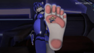crush feet furry anthro vixen clothed toes barefoot soles blue_hair fox low_angle paws foot_crush krystal starfox animation shrunken_man looking_down cruel indoors under_foot scalie frog digital_render skintight_clothing smexy-nation slippy