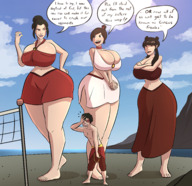 breasts drawing giantess swimsuit beach barefoot cleavage bra skirt huge_breasts brunette smiling volleyball short_hair mini_giantess shorts looking_down giantesses outdoors avatar dialogue azula ty_lee mai avatar_the_last_airbender hair_bun caiman2 zuko