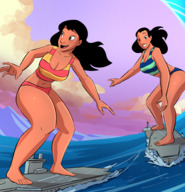 breasts drawing giantess mega black_hair color large_breasts long_hair swimsuit barefoot cleavage brown_eyes giantesses dark_skin hawaii navy disney aircraft_carrier surfing thick_thighs nani_pelekai bare_midriff caiman2 picjusbro lilo_pelekai lilo_and_stitch