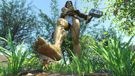 wings blonde black_hair large_breasts long_hair armor clothed toes barefoot soles fairy low_angle underboob foot_crush muscles weapon walking unaware shrunken_woman outdoors orc monster_girl trees raised_foot looking_away hammer imminent_crush thick_thighs green_skin skimpy_clothing digital_render tusks bare_legs orc_girl celton