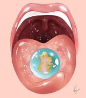 vore blonde long_hair tongue mouth saliva shrunken_woman open_mouth candy nyu_kinks