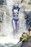 breasts nipples giantess white_hair nude mega bath pubic_hair topless waterfall smiling elf abs world_of_warcraft tinies night_elf washing purple_skin relaxing stream pointed_ears digital_render madamemaeve cywen