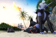 white_hair feet black_hair armor clothed beach toes high_heels low_angle elf short_hair bondage sitting kneeling shrunken_woman shrunken_man dark_skin world_of_warcraft outdoors sunset night_elf braid ships trees purple_skin relaxing skimpy_clothing pointed_ears digital_render hair_bun madamemaeve discarded_footwear cywen