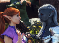 giantess white_hair long_hair armor clothed handheld multiple_sizes elf red_hair ponytail reaching shrunken_man grass grabbing outdoors crouching freckles orc monster_girl dialogue dark_elf green_skin pointed_ears digital_render grey_skin orc_girl innocent_owl drow_elf