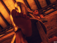 feet long_hair armor clothed toes barefoot soles brunette low_angle sitting foot_play shrunken_people between_toes indoors looking_away raised_feet digital_render innocent_owl