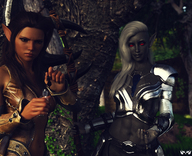 white_hair black_hair long_hair armor clothed handheld smiling elf weapon caught shrunken_woman shrunken_man trapped dangle dark_skin jar outdoors jewelry trees axe in_palm dark_elf skimpy_clothing looking_at_tiny pointed_ears digital_render grey_skin innocent_owl drow_elf