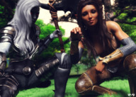 white_hair black_hair long_hair armor clothed handheld knight smiling elf kneeling shrunken_woman shrunken_man dangle dark_skin outdoors crouching between_fingers orc monster_girl trees dark_elf on_shoulder green_skin skimpy_clothing looking_at_tiny pointed_ears digital_render grey_skin orc_girl innocent_owl drow_elf