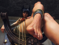 feet black_hair clothed toes barefoot low_angle squeeze egyptian smiling anubis sitting foot_play shrunken_woman looking_down between_toes indoors jewelry ankle_bracelet monster_girl raised_foot legs_crossed bangs looking_at_tiny digital_render innocent_owl jackal_girl