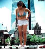 collage city large_breasts cleavage buildings brunette smiling ponytail looking_down outdoors bikini_top source_needed