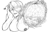 drawing vore monochrome large_breasts long_hair sweat inside_stomach no_background cutaway annahketsuno