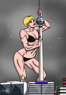 bikini breasts drawing giantess city mega blonde color buildings smiling short_hair muscles skyscraper outdoors toronto cn_tower kaywest