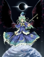 drawing giantess giga space color planet anime touhou crost mima solar_eclipse cosmic_giantess