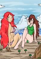 drawing giantess long_hair swimsuit beach brunette red_hair sitting giantesses looking_up outdoors booman1