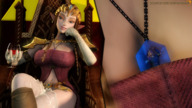 large_breasts long_hair clothed brunette smiling gloves elf sitting navel shrunken_man trapped drinking indoors wine jewelry braid thigh_highs commission tiara panels looking_away legs_crossed wine_glass pointed_ears digital_render the_legend_of_zelda human_jewelry between_breasts sourcesizeshenanigans link_(the_legend_of_zelda) princess_zelda_(the_legend_of_zelda) n0juan jewelry_entrapment