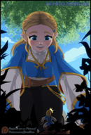 drawing gentle blushing blonde color large_breasts long_hair blue_eyes clothed low_angle tree surprised looming shrunken_man outdoors all_fours jora-bora looking_at_tiny the_legend_of_zelda the_legend_of_zelda_breath_of_the_wild link_(the_legend_of_zelda) princess_zelda_(the_legend_of_zelda)