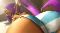 bikini micro panties long_hair butt blue_eyes bed purple_hair shrunken_woman genie indoors bedroom looking_back earrings striped_panties purple_skin sunlight on_butt green_skin shantae pointed_ears digital_render source_film_maker risky_boots looking_at_tinies sourcesizeshenanigans rottytops_cadaver agent_uric