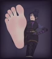 drawing feet blushing black_hair color clothed toes barefoot soles anime low_angle smiling foot_crush looming looking_down point_of_view looking_at_viewer raised_foot hands_on_hips imminent_crush no_background hair_bun wtfeather apex_legends wraith