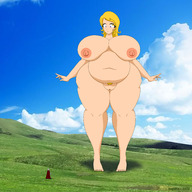 drawing giantess nude blonde long_hair huge_breasts bbw looking_down outdoors sugatis